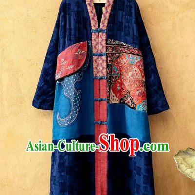 China National Women Dust Coat Traditional Embroidered Costume Tang Suit Navy Flax Overcoat