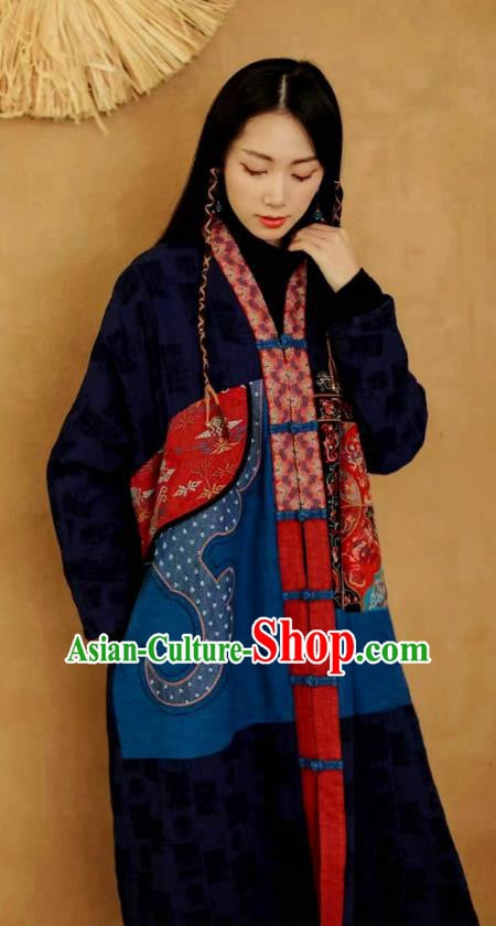 China National Women Dust Coat Traditional Embroidered Costume Tang Suit Navy Flax Overcoat China National Women Dust Coat Traditional Embroidered Costume Tang Suit Navy Flax Overcoat