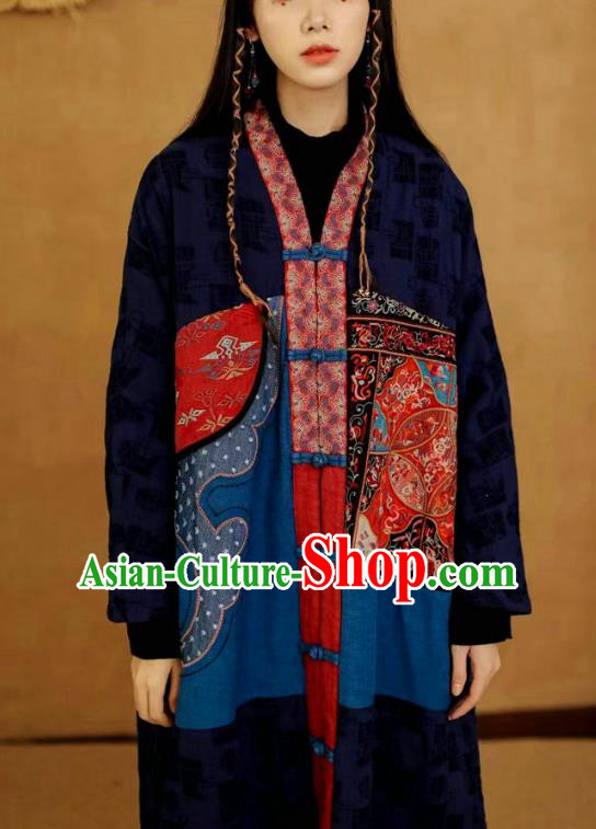 China National Women Dust Coat Traditional Embroidered Costume Tang Suit Navy Flax Overcoat China National Women Dust Coat Traditional Embroidered Costume Tang Suit Navy Flax Overcoat