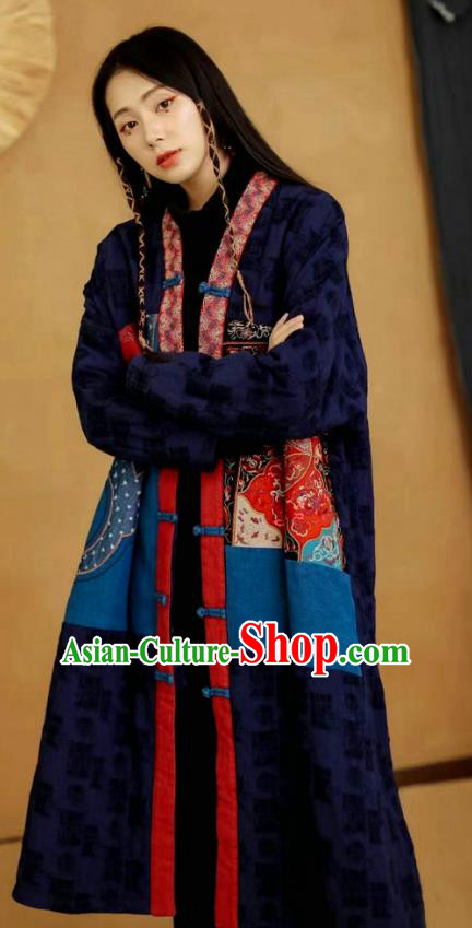 China National Women Dust Coat Traditional Embroidered Costume Tang Suit Navy Flax Overcoat China National Women Dust Coat Traditional Embroidered Costume Tang Suit Navy Flax Overcoat