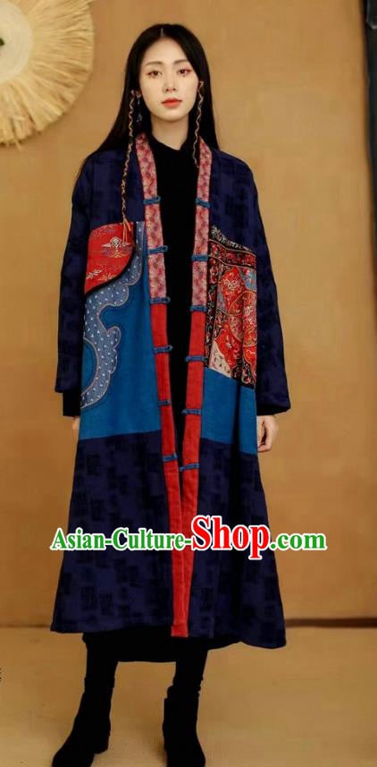 China National Women Dust Coat Traditional Embroidered Costume Tang Suit Navy Flax Overcoat China National Women Dust Coat Traditional Embroidered Costume Tang Suit Navy Flax Overcoat