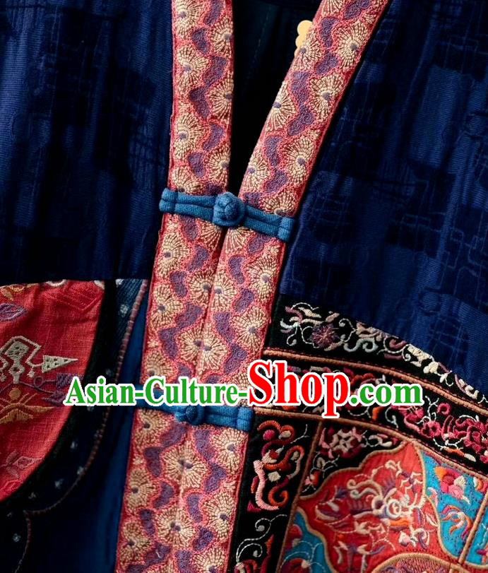 China National Women Dust Coat Traditional Embroidered Costume Tang Suit Navy Flax Overcoat China National Women Dust Coat Traditional Embroidered Costume Tang Suit Navy Flax Overcoat