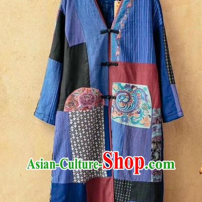 China Tang Suit Blue Flax Overcoat National Women Dust Coat Traditional Embroidered Costume