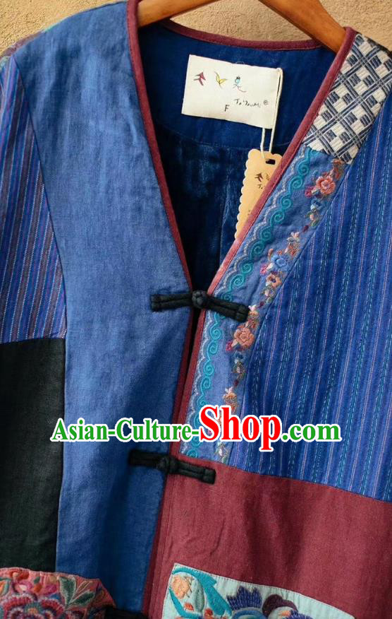 China Tang Suit Blue Flax Overcoat National Women Dust Coat Traditional Embroidered Costume China Tang Suit Blue Flax Overcoat National Women Dust Coat Traditional Embroidered Costume