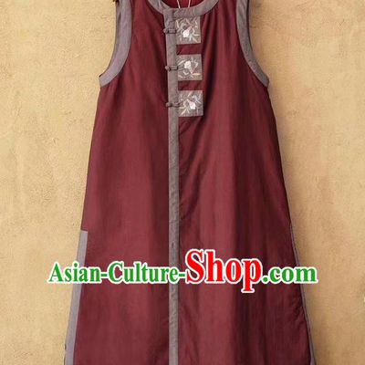China Women Traditional Tang Suit Upper Outer Garment Clothing Embroidered Vest National Purplish Red Flax Long Waistcoat
