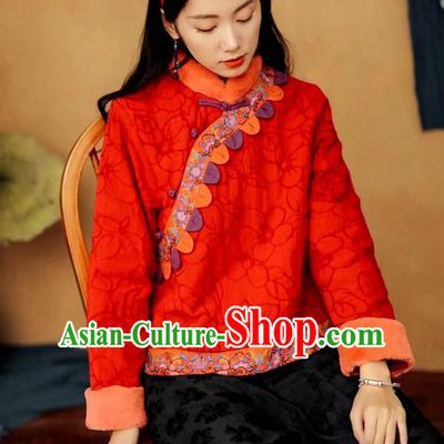 China Tang Suit Red Flax Cotton Padded Jacket National Women Overcoat Traditional Winter Top Costume