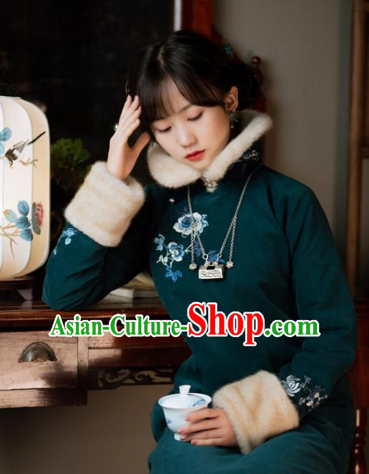 Chinese Winter Deep Green Cheongsam Traditional Women Costume Classical Embroidered Qipao Dress Chinese Winter Deep Green Cheongsam Traditional Women Costume Classical Embroidered Qipao Dress