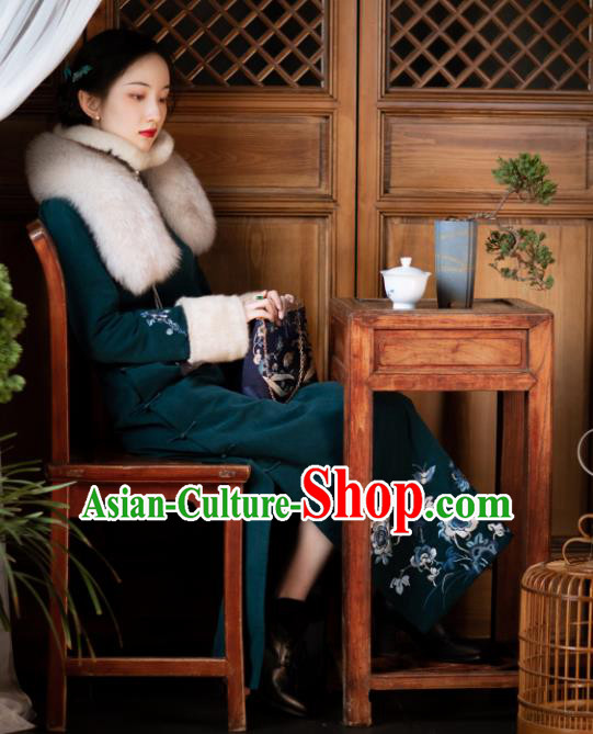 Chinese Winter Deep Green Cheongsam Traditional Women Costume Classical Embroidered Qipao Dress Chinese Winter Deep Green Cheongsam Traditional Women Costume Classical Embroidered Qipao Dress