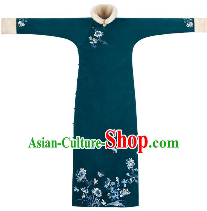 Chinese Winter Deep Green Cheongsam Traditional Women Costume Classical Embroidered Qipao Dress Chinese Winter Deep Green Cheongsam Traditional Women Costume Classical Embroidered Qipao Dress