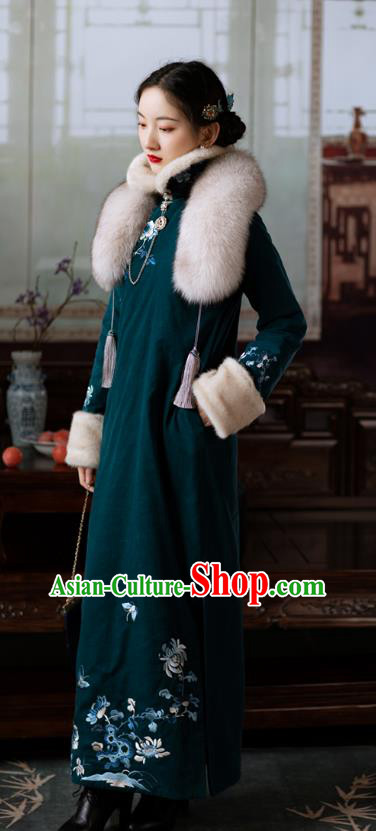 Chinese Winter Deep Green Cheongsam Traditional Women Costume Classical Embroidered Qipao Dress Chinese Winter Deep Green Cheongsam Traditional Women Costume Classical Embroidered Qipao Dress