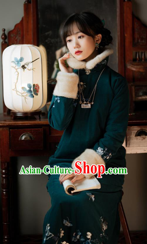 Chinese Winter Deep Green Cheongsam Traditional Women Costume Classical Embroidered Qipao Dress Chinese Winter Deep Green Cheongsam Traditional Women Costume Classical Embroidered Qipao Dress