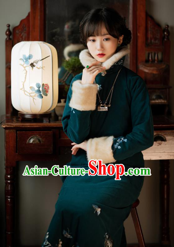 Chinese Winter Deep Green Cheongsam Traditional Women Costume Classical Embroidered Qipao Dress Chinese Winter Deep Green Cheongsam Traditional Women Costume Classical Embroidered Qipao Dress