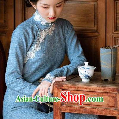 Chinese National Blue Cheongsam Traditional Women Costume Classical Qipao Dress
