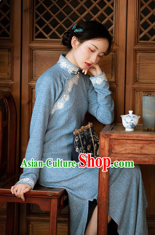 Chinese National Blue Cheongsam Traditional Women Costume Classical Qipao Dress Chinese National Blue Cheongsam Traditional Women Costume Classical Qipao Dress