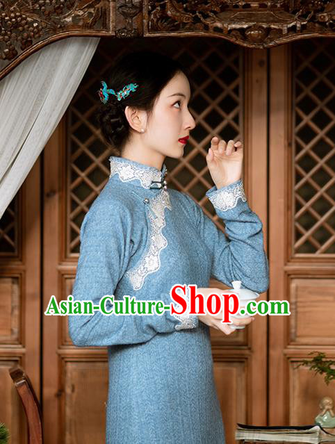 Chinese National Blue Cheongsam Traditional Women Costume Classical Qipao Dress Chinese National Blue Cheongsam Traditional Women Costume Classical Qipao Dress