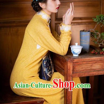 Chinese Classical Yellow Qipao Dress National Cheongsam Traditional Women Costume