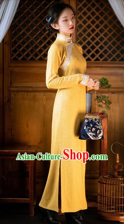 Chinese Classical Yellow Qipao Dress National Cheongsam Traditional Women Costume Chinese Classical Yellow Qipao Dress National Cheongsam Traditional Women Costume