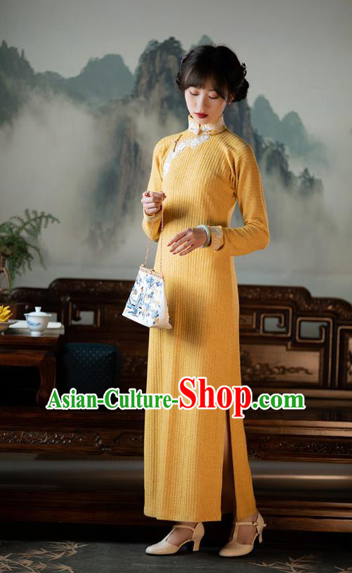 Chinese Classical Yellow Qipao Dress National Cheongsam Traditional Women Costume Chinese Classical Yellow Qipao Dress National Cheongsam Traditional Women Costume