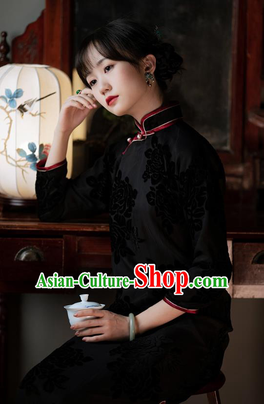 Chinese National Women Cheongsam Traditional Costume Classical Black Velvet Qipao Dress Chinese National Women Cheongsam Traditional Costume Classical Black Velvet Qipao Dress