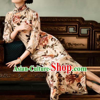 Chinese Classical Printing Peony Beige Qipao Dress National Women Cheongsam Traditional Costume