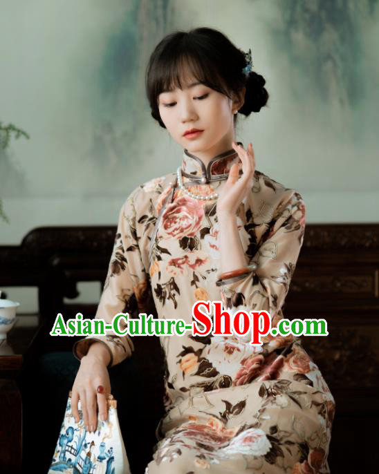 Chinese Classical Printing Peony Beige Qipao Dress National Women Cheongsam Traditional Costume Chinese Classical Printing Peony Beige Qipao Dress National Women Cheongsam Traditional Costume