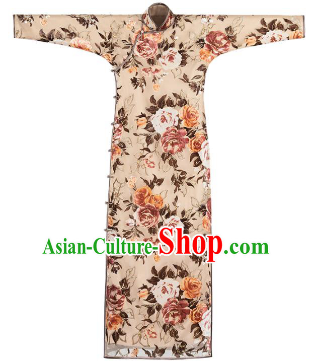 Chinese Classical Printing Peony Beige Qipao Dress National Women Cheongsam Traditional Costume Chinese Classical Printing Peony Beige Qipao Dress National Women Cheongsam Traditional Costume