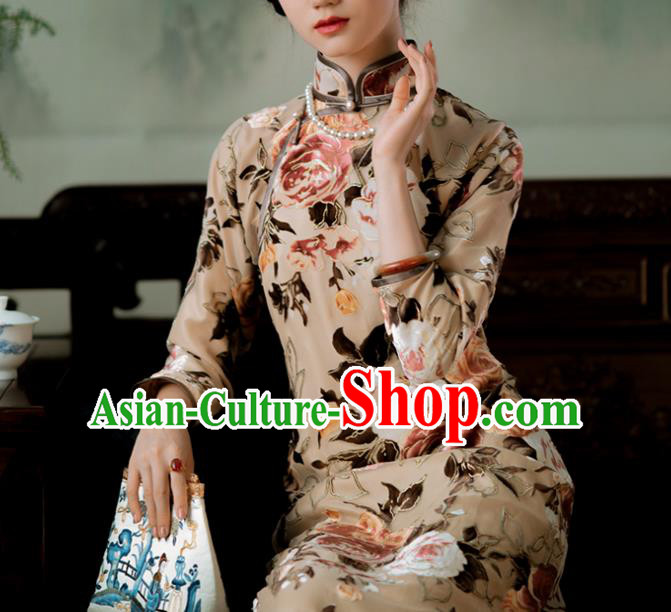 Chinese Classical Printing Peony Beige Qipao Dress National Women Cheongsam Traditional Costume Chinese Classical Printing Peony Beige Qipao Dress National Women Cheongsam Traditional Costume