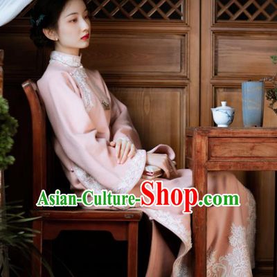 Chinese Classical Qipao Dress National Women Embroidered Pink Woolen Cheongsam Traditional Costume