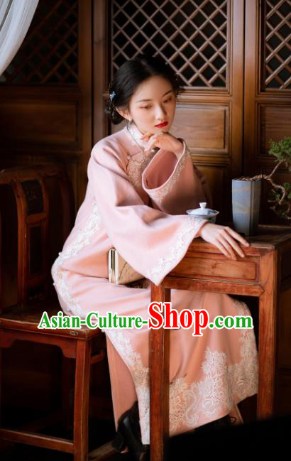 Chinese Classical Qipao Dress National Women Embroidered Pink Woolen Cheongsam Traditional Costume Chinese Classical Qipao Dress National Women Embroidered Pink Woolen Cheongsam Traditional Costume
