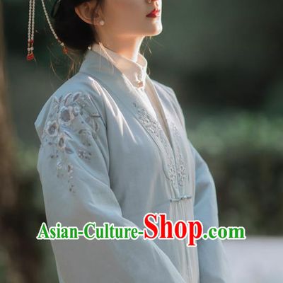Traditional Chinese Qing Dynasty Noble Lady Blue Cloak Embroidered Dust Coat for Women