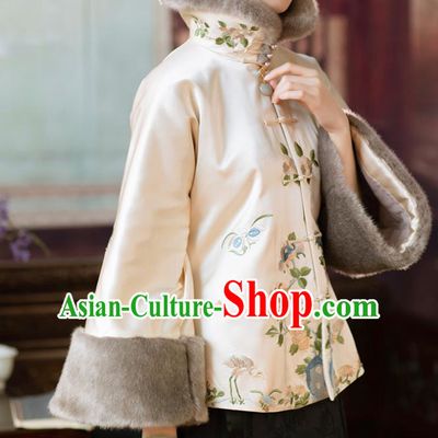 Chinese Traditional Embroidered Beige Silk Coat Qing Dynasty Noble Lady Cotton Padded Jacket for Women