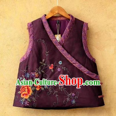 China Women Winter Purple Cotton Padded Vest Traditional Tang Suit Upper Outer Garment Clothing National Embroidered Waistcoat