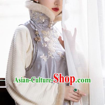 Chinese Traditional Embroidered Purple Silk Vest National Women Clothing Tang Suit Cotton Padded Waistcoat