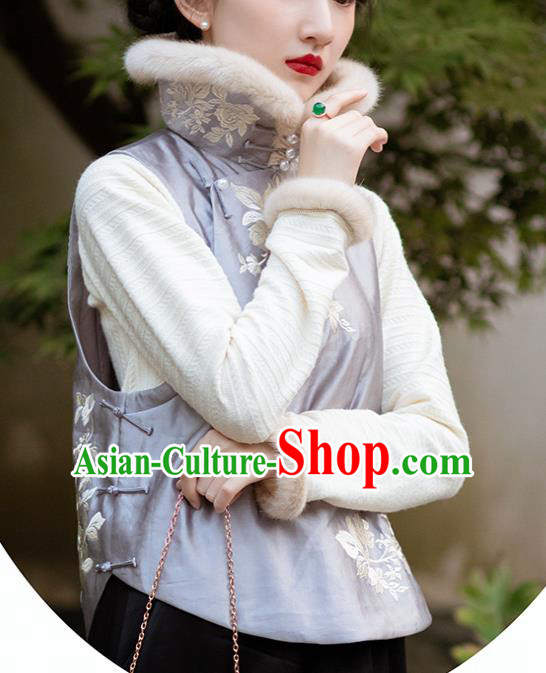 Chinese Traditional Embroidered Purple Silk Vest National Women Clothing Tang Suit Cotton Padded Waistcoat