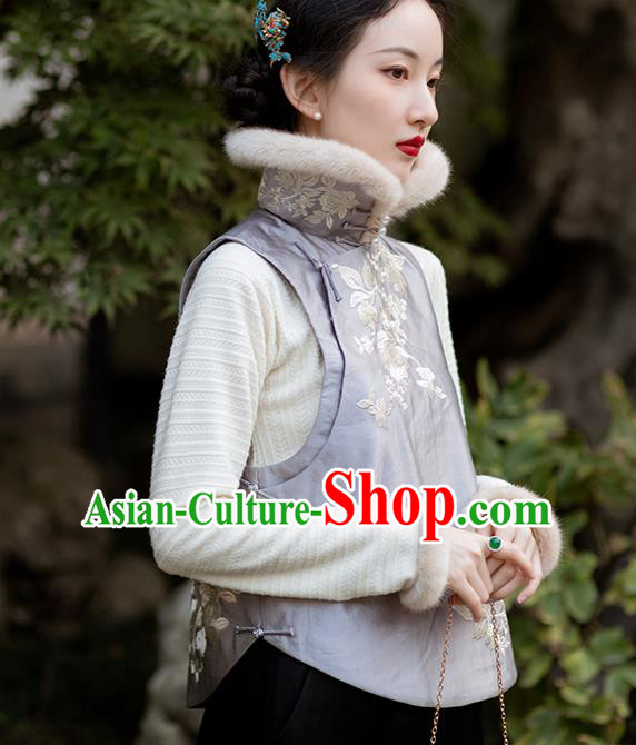 Chinese Traditional Embroidered Purple Silk Vest National Women Clothing Tang Suit Cotton Padded Waistcoat