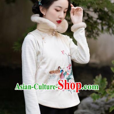 Chinese Tang Suit Embroidered Mandarin Duck Waistcoat Traditional National Women Clothing Classical White Vest