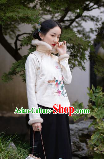 Chinese Tang Suit Embroidered Mandarin Duck Waistcoat Traditional National Women Clothing Classical White Vest