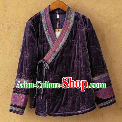China Traditional Winter Costume Women Tang Suit Embroidered Over Coat National Purple Velvet Cotton Padded Jacket