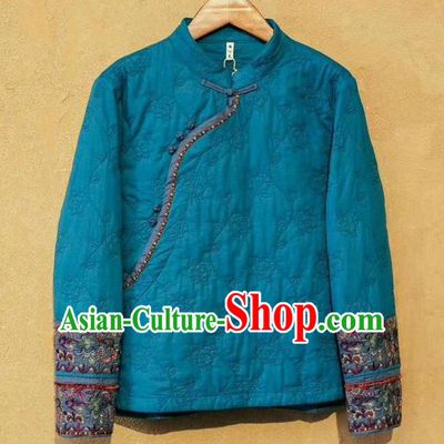 China National Upper Outer Garment Traditional Costume Tang Suit Women Blue Cotton Padded Jacket
