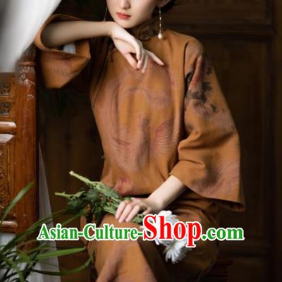 Republic of China Classical Yellow Silk Qipao Dress Women Cheongsam Traditional National Costume
