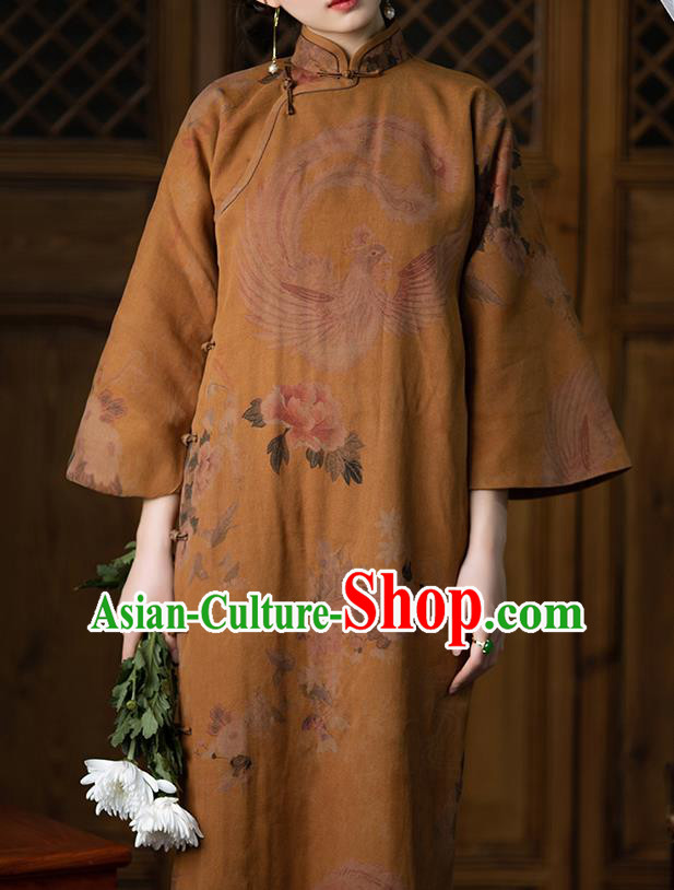 Republic of China Classical Yellow Silk Qipao Dress Women Cheongsam Traditional National Costume Republic of China Classical Yellow Silk Qipao Dress Women Cheongsam Traditional National Costume