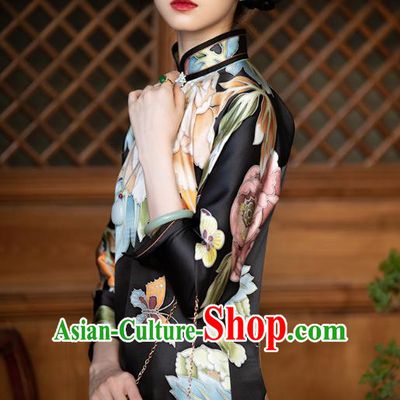Republic of China Traditional National Costume Women Cheongsam Classical Peony Butterfly Pattern Black Silk Qipao Dress