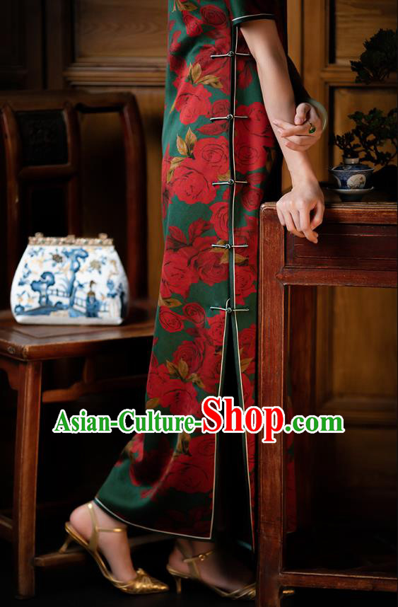 Republic of China Rose Pattern Green Silk Qipao Dress Traditional National Costume Classical Cheongsam