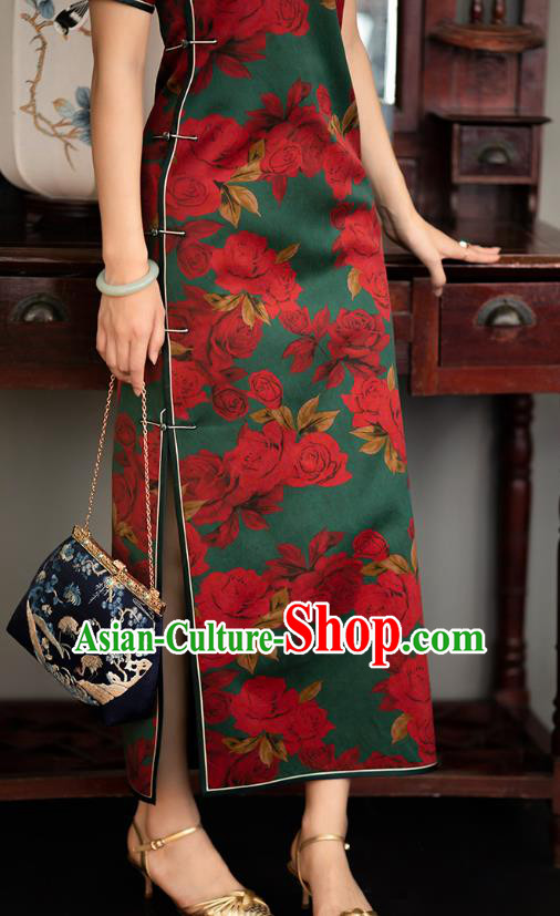 Republic of China Rose Pattern Green Silk Qipao Dress Traditional National Costume Classical Cheongsam