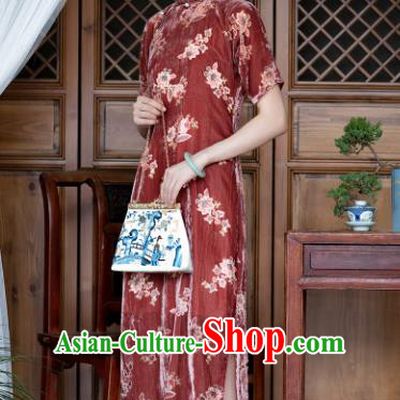 Republic of China Qipao Dress Traditional National Costume Classical Purplish Red Velvet Cheongsam