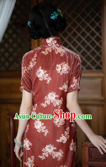 Republic of China Qipao Dress Traditional National Costume Classical Purplish Red Velvet Cheongsam