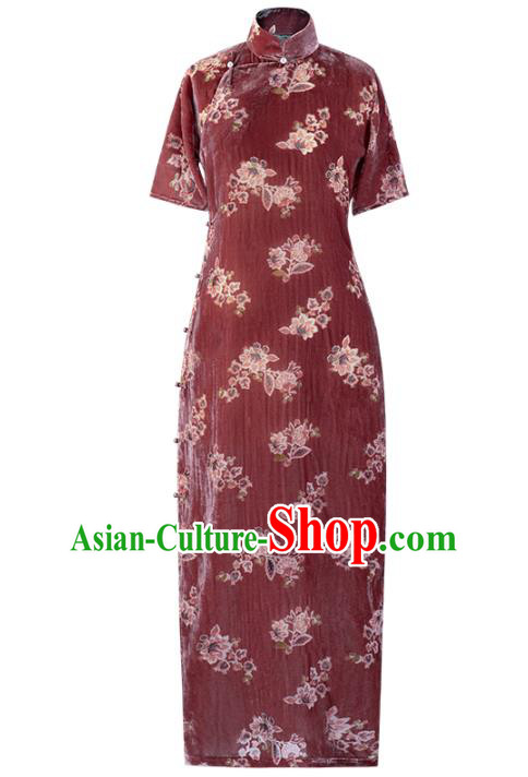 Republic of China Qipao Dress Traditional National Costume Classical Purplish Red Velvet Cheongsam