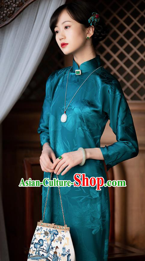 Republic of China Deep Green Silk Qipao Dress Traditional National Costume Asian Classical Cheongsam Republic of China Deep Green Silk Qipao Dress Traditional National Costume Asian Classical Cheongsam