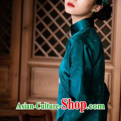 Republic of China Deep Green Silk Qipao Dress Traditional National Costume Asian Classical Cheongsam