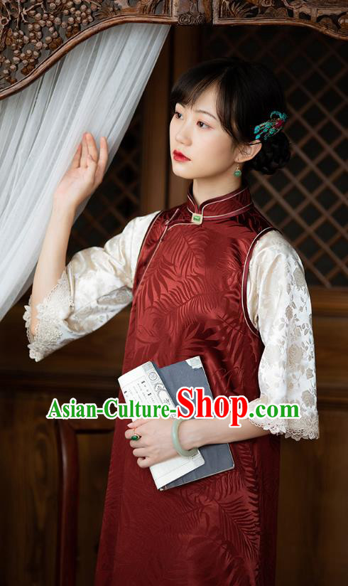 Republic of China Traditional National Costume Asian Classical Pattern Cheongsam Red Silk Qipao Dress Republic of China Traditional National Costume Asian Classical Pattern Cheongsam Red Silk Qipao Dress